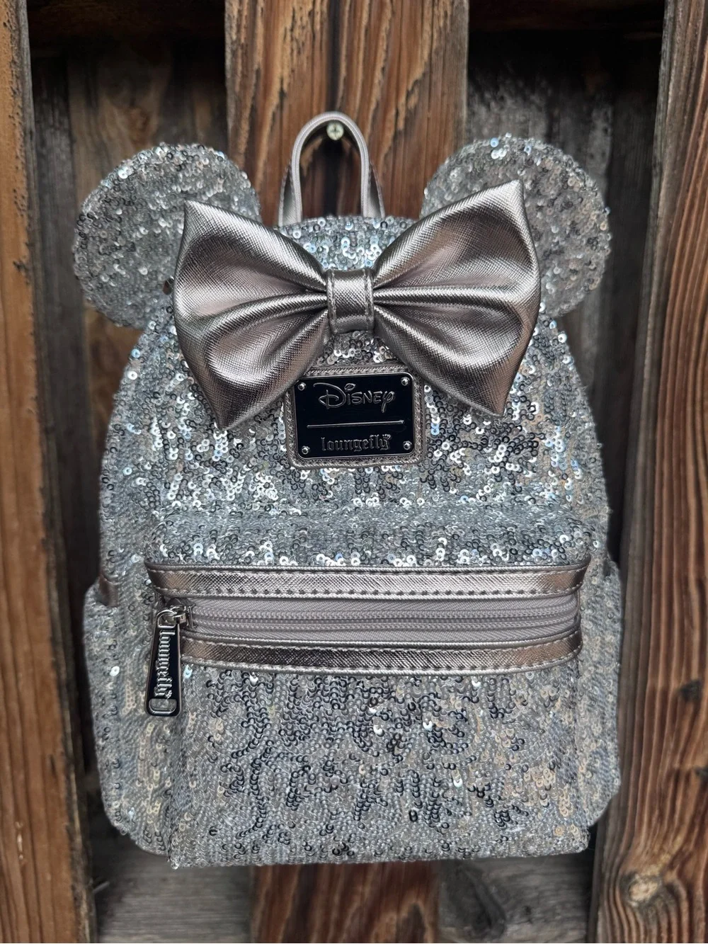 Loungefly Kids Silver Sequin Mini Backpack with Metallic Bow and Ears